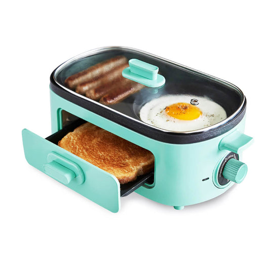 3 in 1 Breakfast Maker Station Healthy Ceramic Nonstick Dual Griddles 2 Slice Toaster