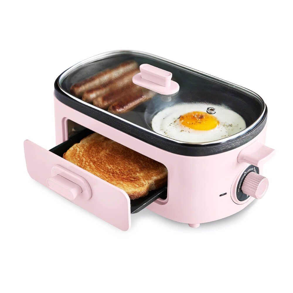 3 in 1 Breakfast Maker Station Healthy Ceramic Nonstick Dual Griddles 2 Slice Toaster