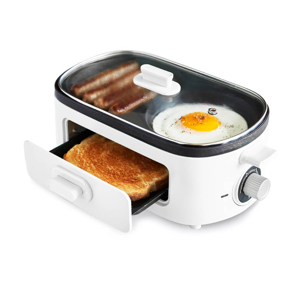 3 in 1 Breakfast Maker Station Healthy Ceramic Nonstick Dual Griddles 2 Slice Toaster