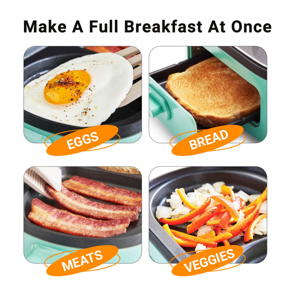 3 in 1 Breakfast Maker Station Healthy Ceramic Nonstick Dual Griddles 2 Slice Toaster